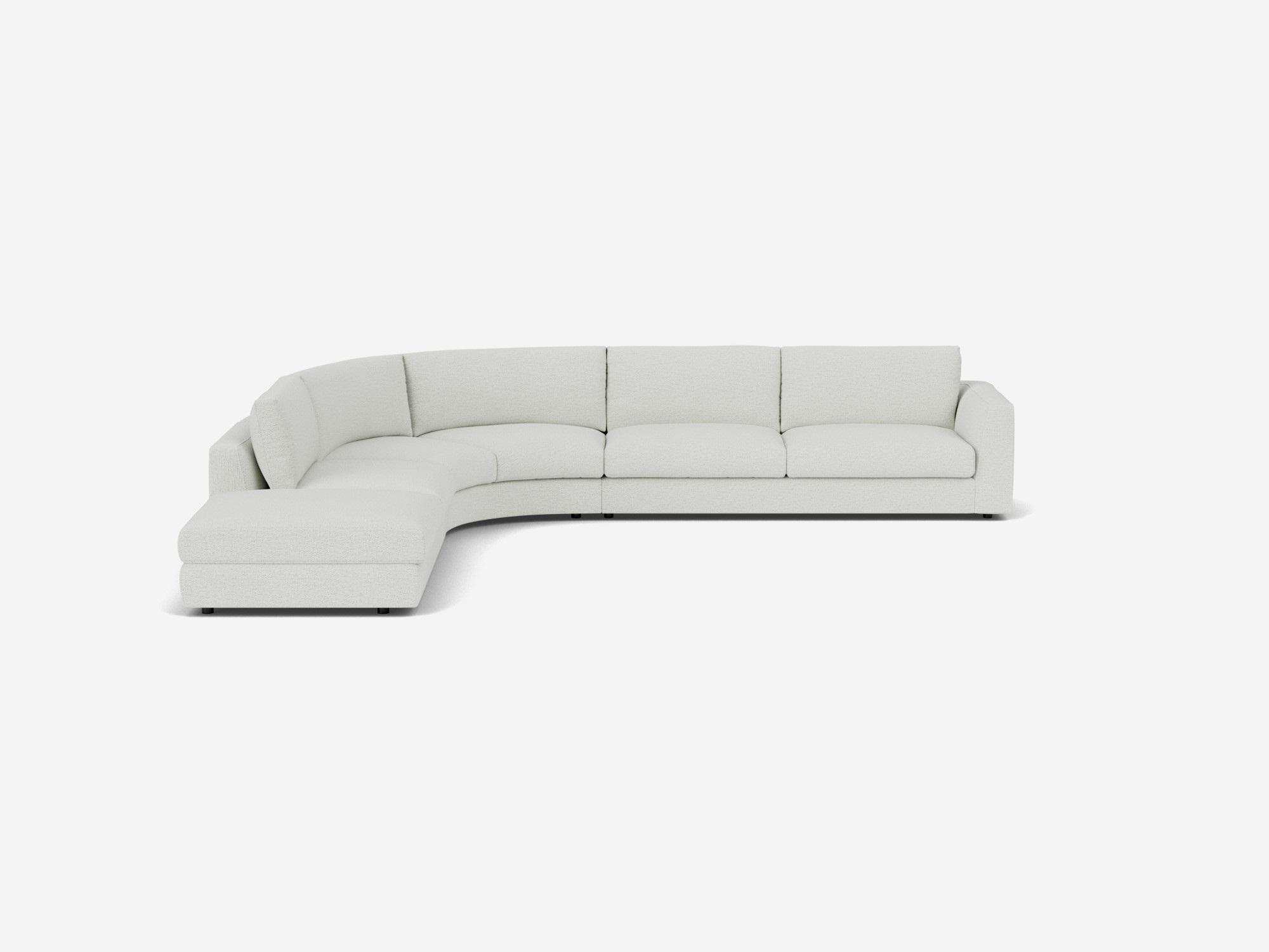 Front view of left hand facing white curved sectional sofa